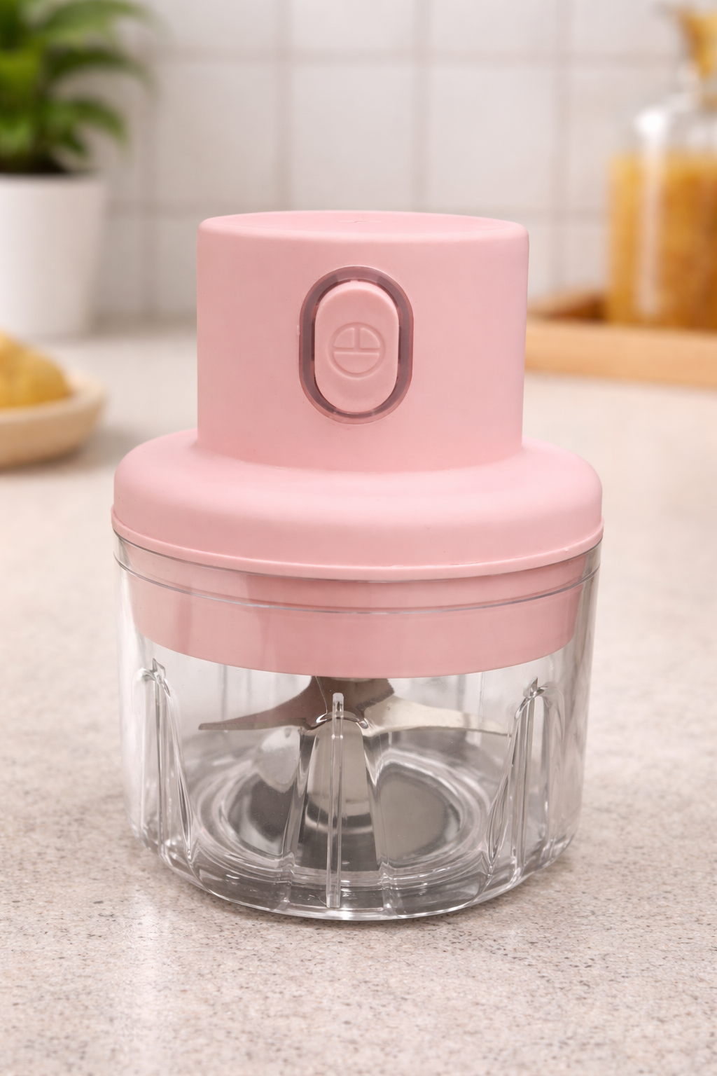 Mini Electric Food Chopper, Pink, Clear Glass Bowl, Compact Kitchen Gadget, 280 ml