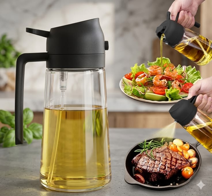 2-in-1 Olive Oil Dispenser and Spray Bottle, Glass, for Cooking, Salad Dressing, and Grilling