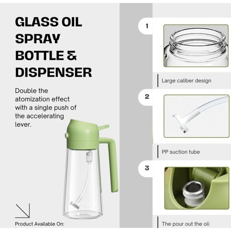 2-in-1 Olive Oil Dispenser and Spray Bottle, Glass, for Cooking, Salad Dressing, and Grilling