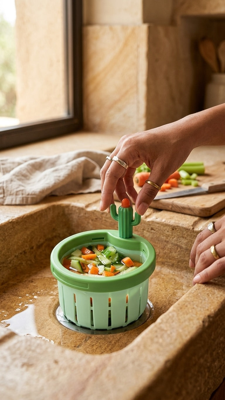 Cactus Strainer, Green, Plastic, Kitchen Sink Drainer | Press Automatic Dumping Basket| Multifunctional Cactus Sink Filter Net Lifting Basket