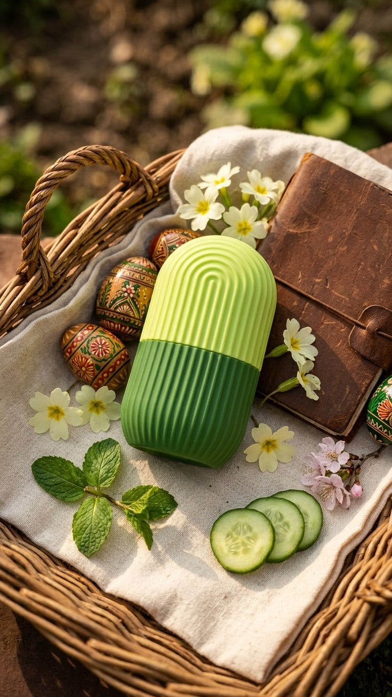Cucumber Ice Roller for Face, Soothing Facial Massage Tool, Green, Reusable Face Roller