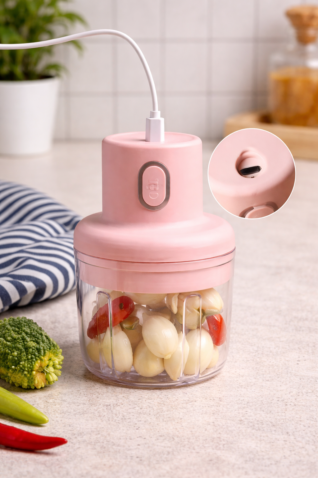 Mini Electric Food Chopper, Pink, Clear Glass Bowl, Compact Kitchen Gadget, 280 ml
