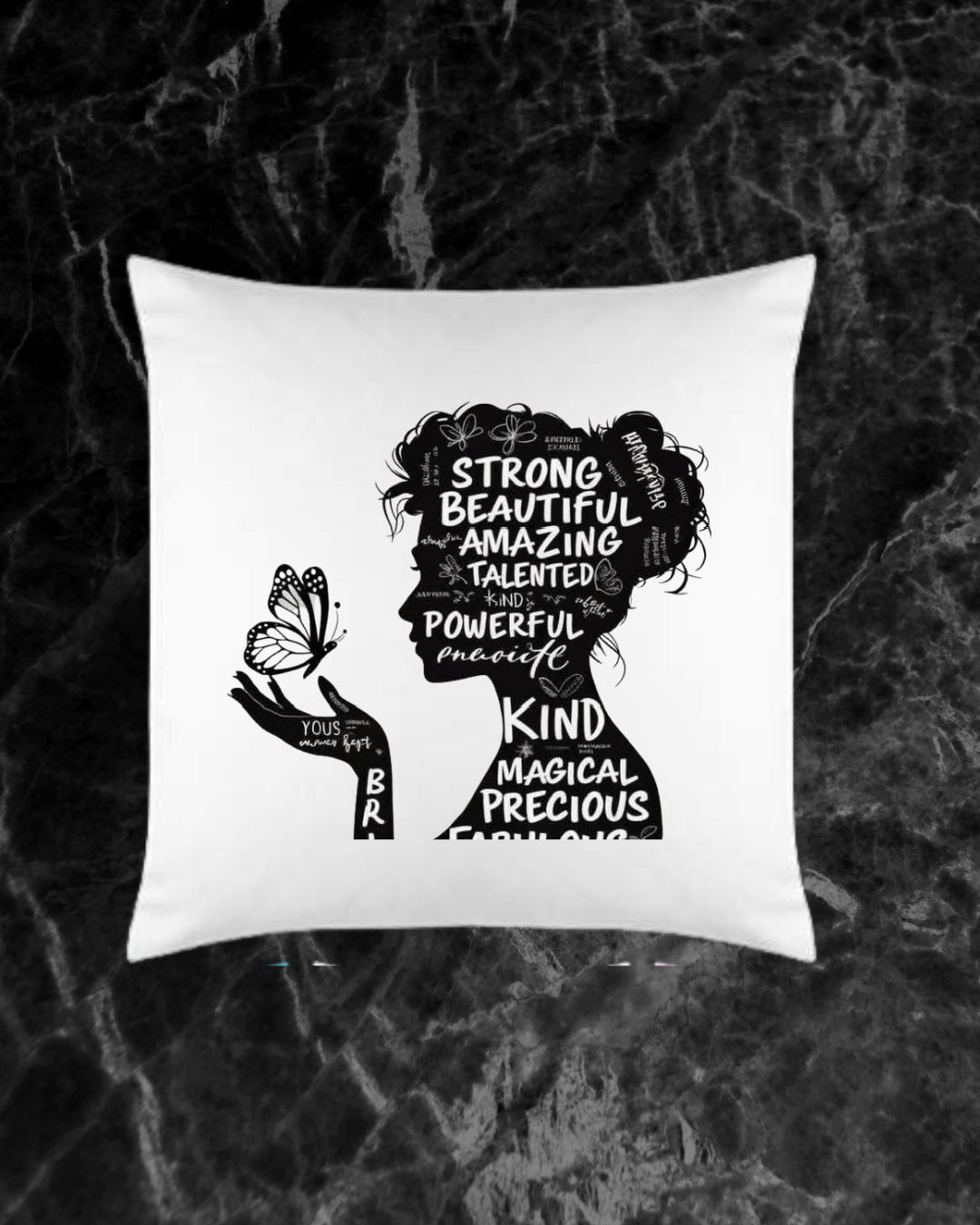 Decorative Throw Pillow, White, Empowering Woman Silhouette with Butterfly