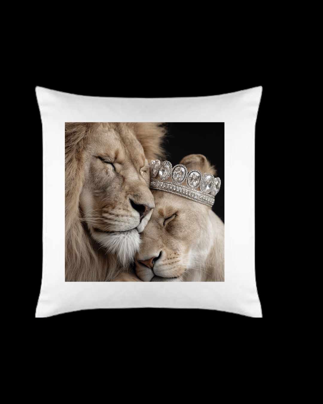 Decorative Throw Pillow with Lion and Lioness Crown Print, White, Square Cushion for Home Décor
