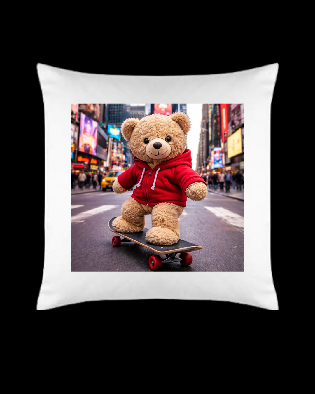 Skateboarding Teddy Bear Print Decorative Throw Pillow, White, Square Cushion for Home Décor