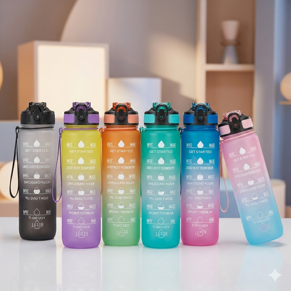 Motivational Water Bottle with Time Marker, BPA Free, Flip Top Lid, Multiple Colors, 1L Capacity (Pack of 1,1 Unit), with Stickers