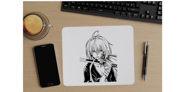 Anime Art Mouse Pad, Black and White Design, Non-Slip Base, 22.86 x 17.78 cm Mousepad