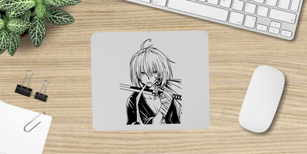 Anime Art Mouse Pad, Black and White Design, Non-Slip Base, 22.86 x 17.78 cm Mousepad