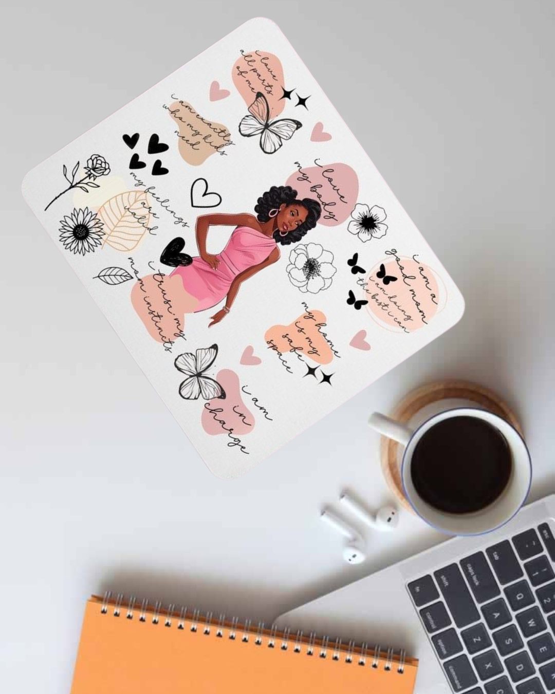 Black Girl Magic, Butterflies and Floral Design, Pink Theme Mousepad