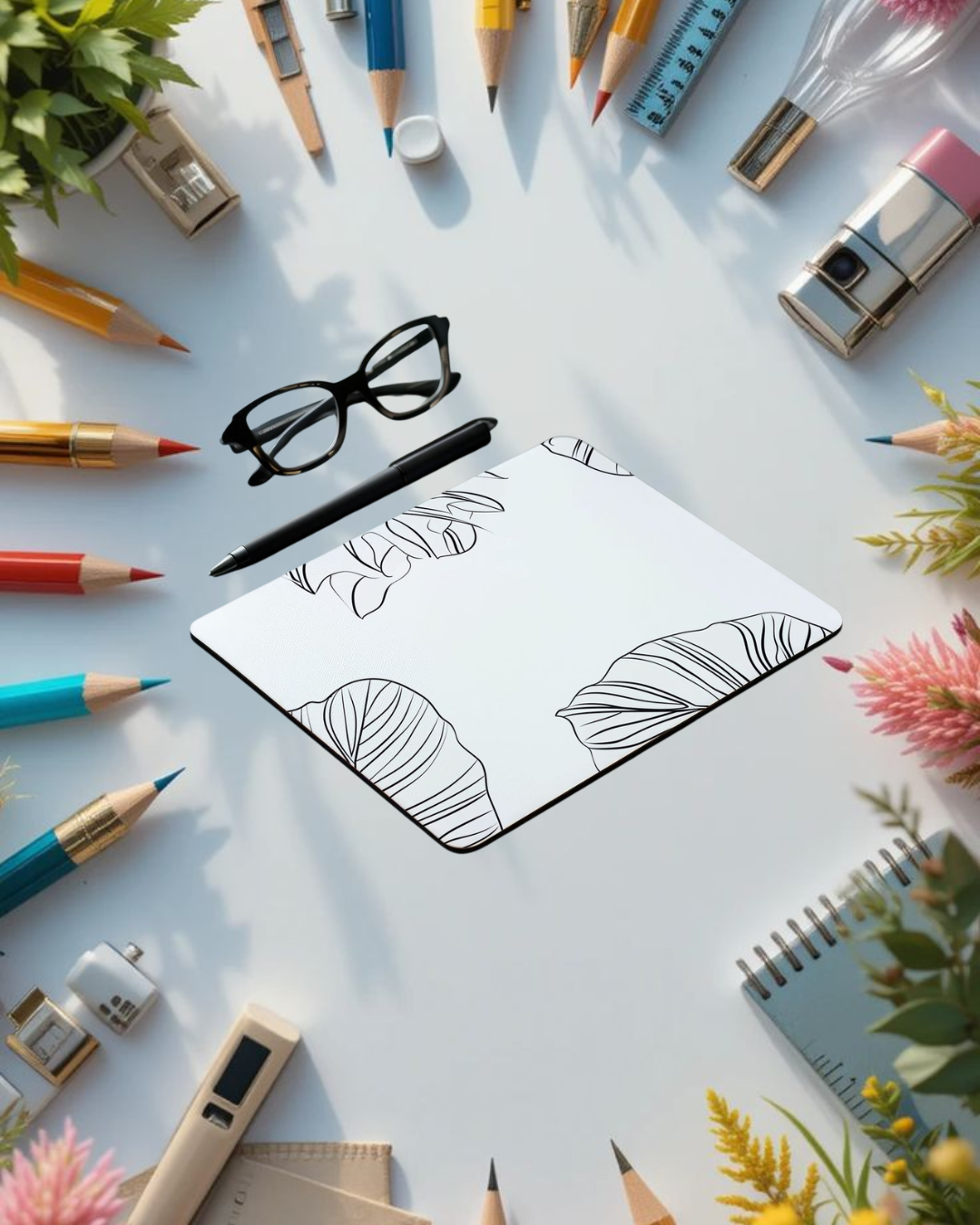 Botanical Leaf Line Art Mouse Pad, Black and White Minimalist Design, Non-Slip Office Desk Accessory