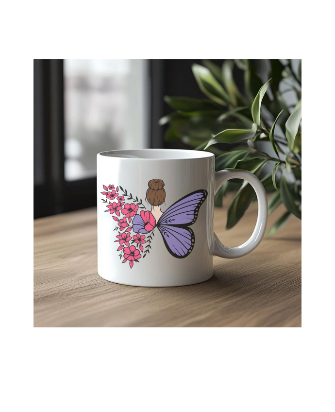 Butterfly Fairy Coffee with Pink Floral Design, 330 ml Ceramic Coffee Mug