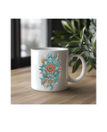 Ceramic Coffee with Turquoise and Orange Floral Art Design, White, 11 oz Ceramic Coffee Mug