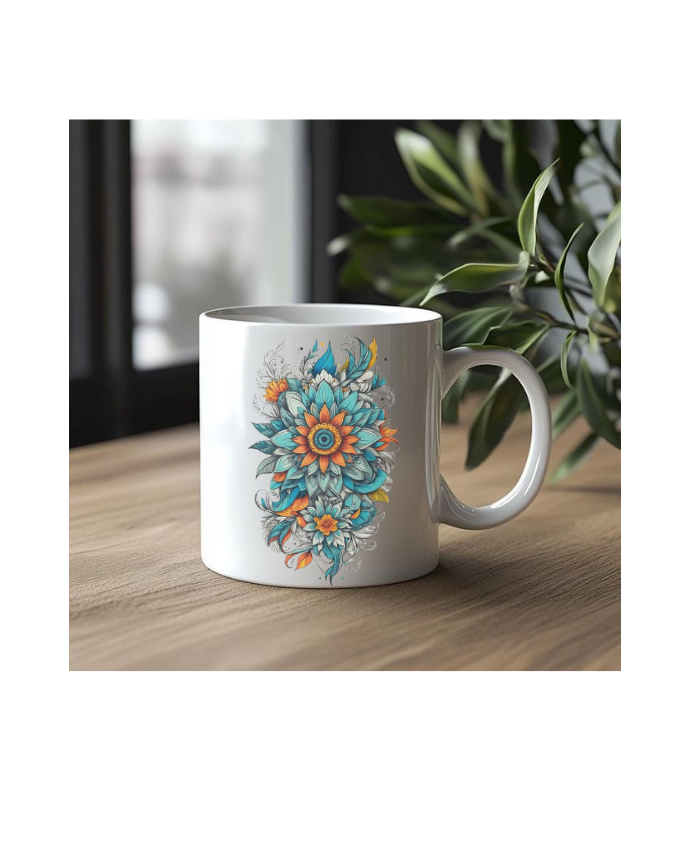 Ceramic Coffee with Turquoise and Orange Floral Art Design, White, 11 oz Ceramic Coffee Mug