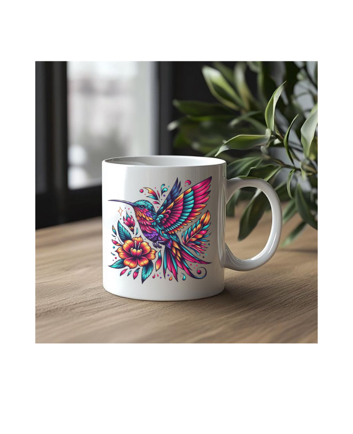 Decorative Ceramic Coffee, Colourful Hummingbird and Floral Design, White Ceramic Coffee Mug